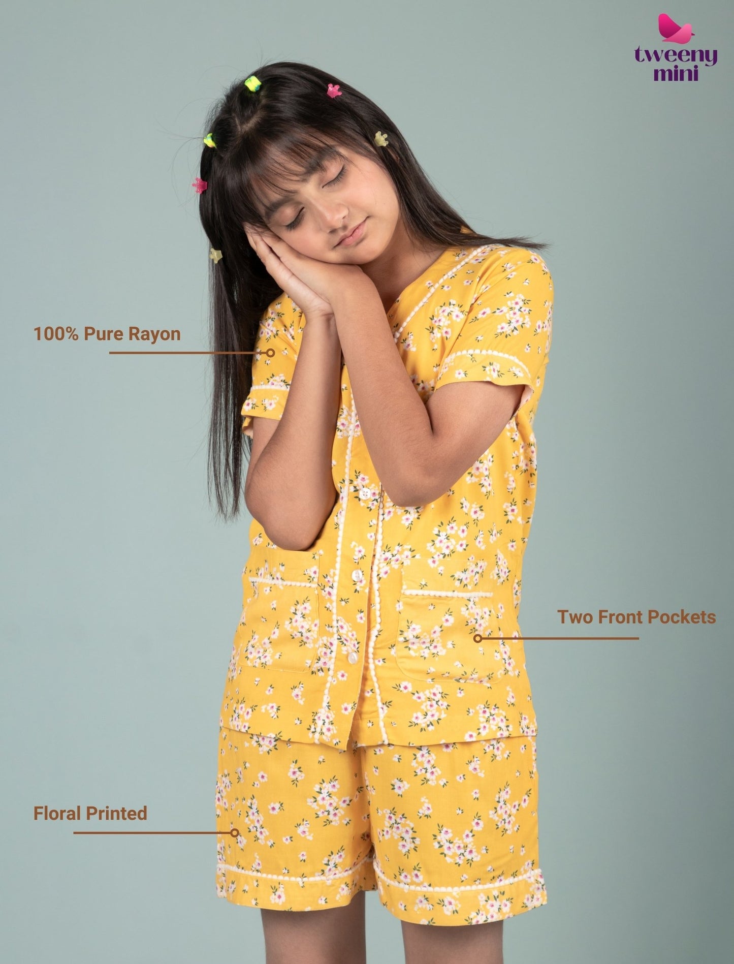 Floral Night Dress for Girls Kids with Shorts Set (Yellow) - Tweeny Mini