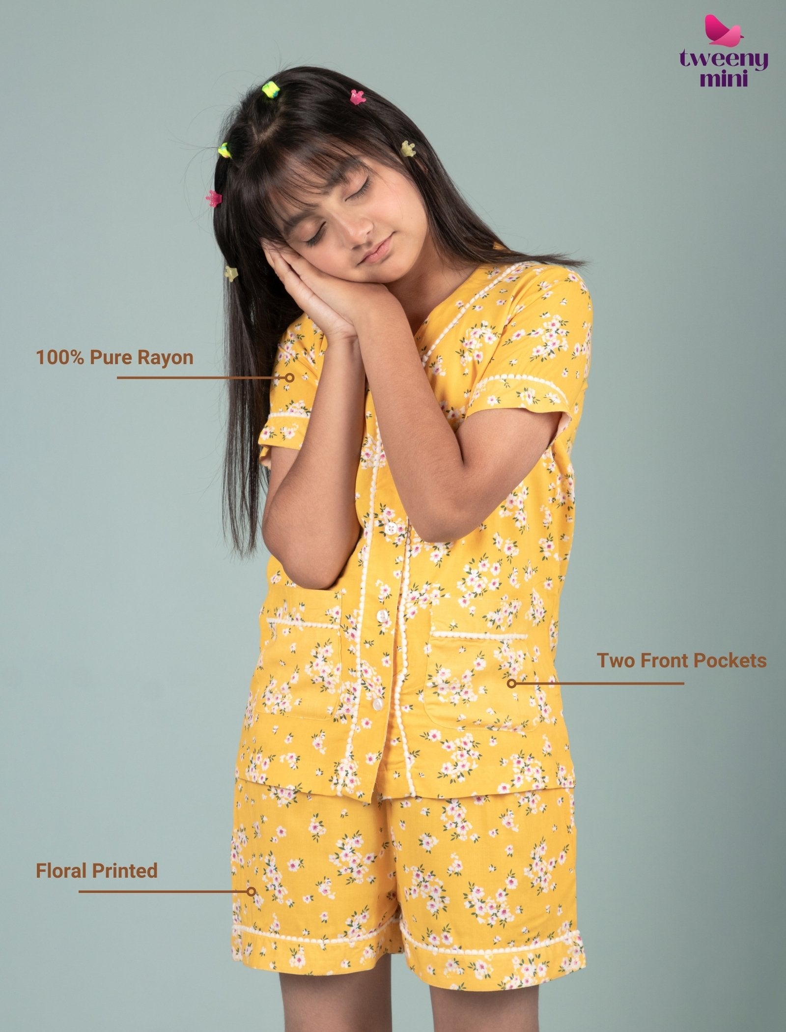 Floral Night Dress for Girls Kids with Shorts Set (Yellow) - Tweeny Mini
