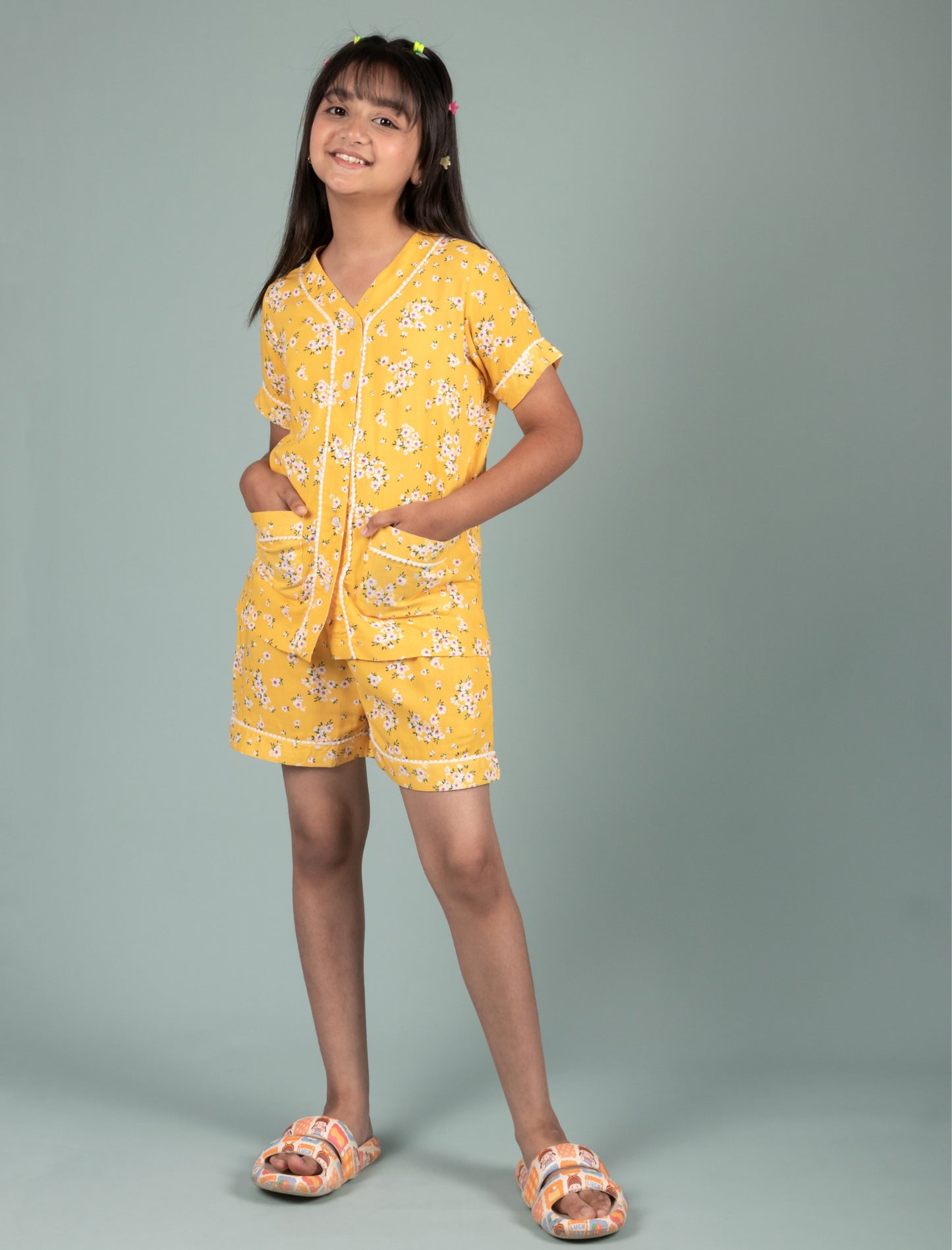 Floral Night Dress for Girls Kids with Shorts Set (Yellow) - Tweeny Mini