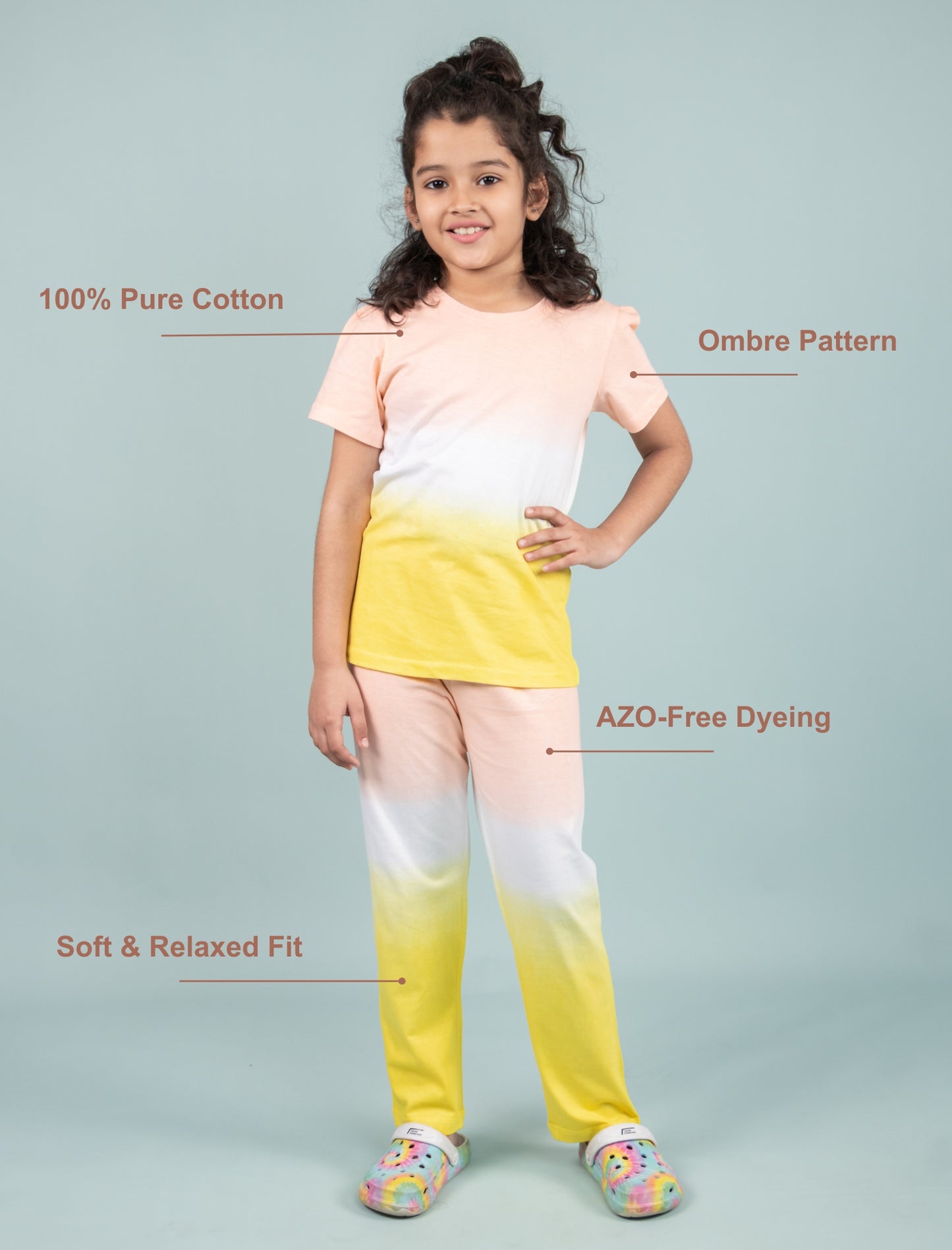 Ombre Tie-Dye Girls Nightsuit for Kids Girls with Pyjama Set (Yellow Peach) - Tweeny Mini