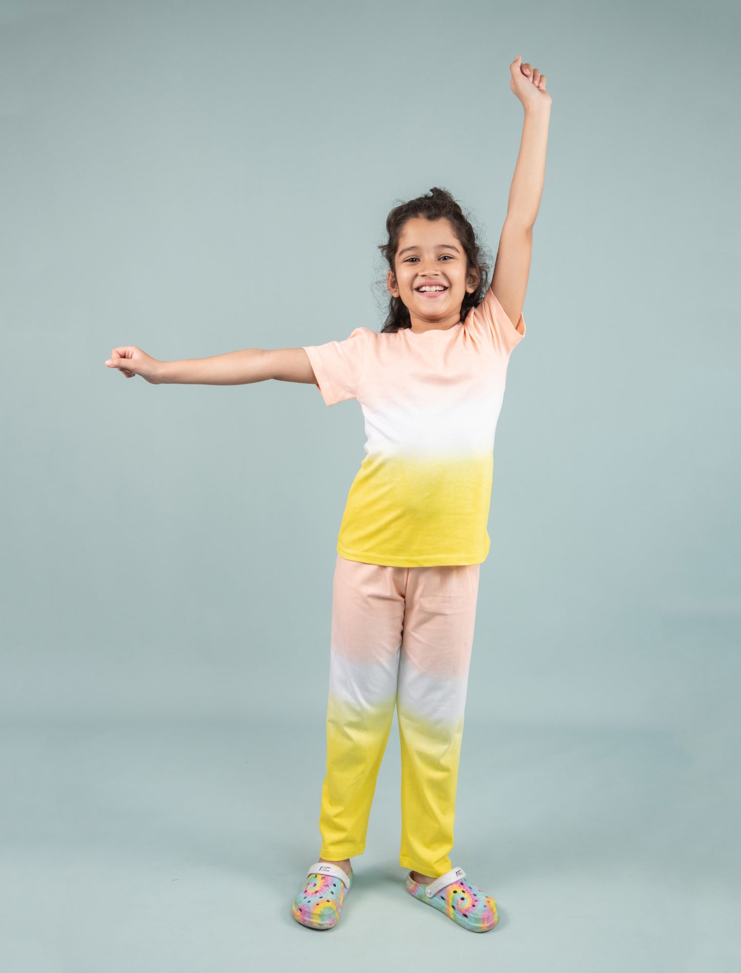 Ombre Tie-Dye Girls Nightsuit for Kids Girls with Pyjama Set (Yellow Peach) - Tweeny Mini