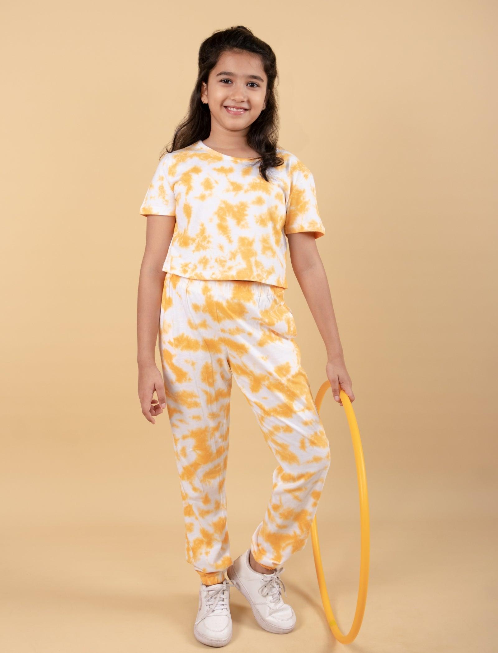 Pure Cotton Tie-Dye Joggers Kids Girls With Crop Top (Iced Mango) - Tweeny Mini