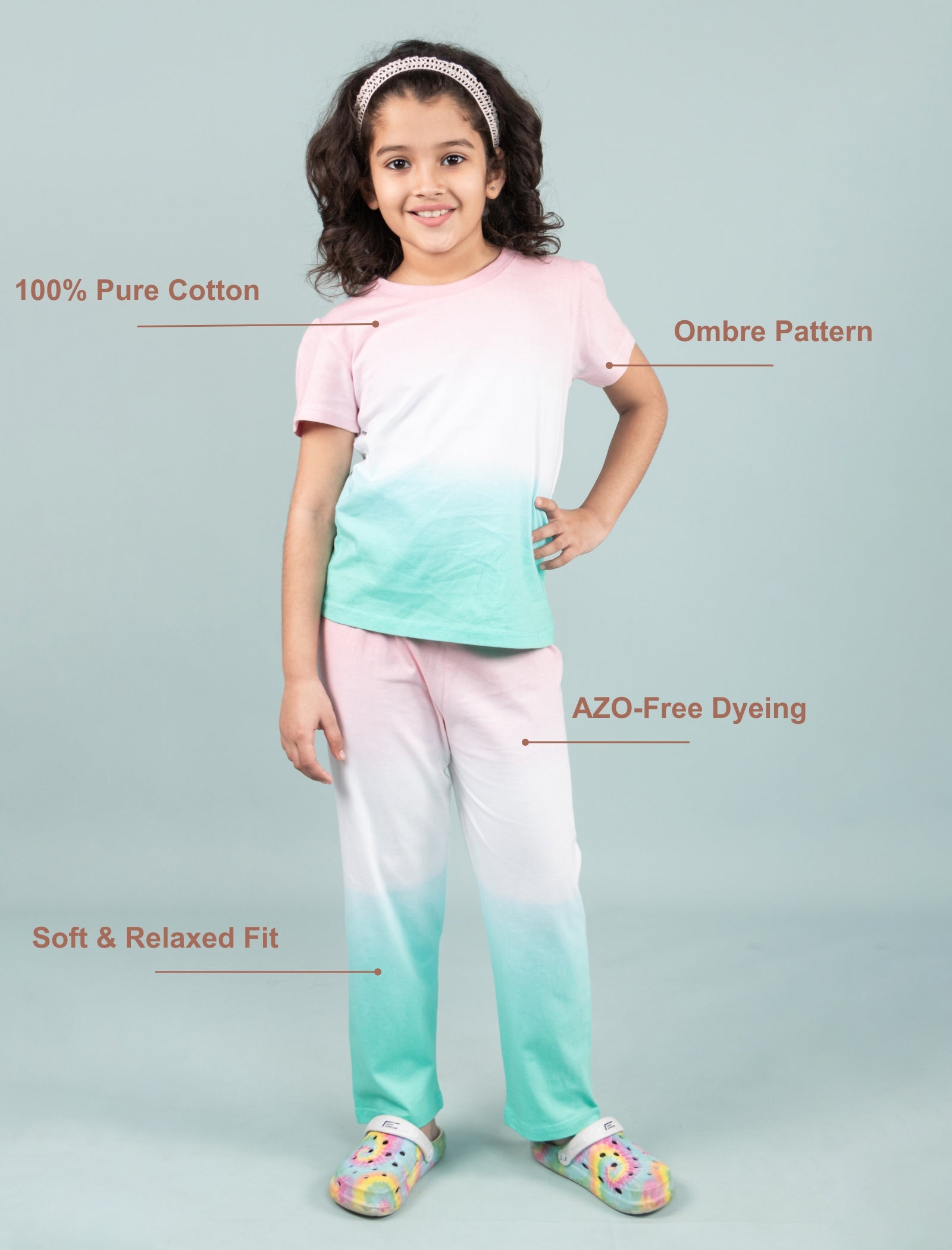 Ombre Style Tie-Dye Nightsuit for Girls Kids (Pink-Green) - Tweeny Mini