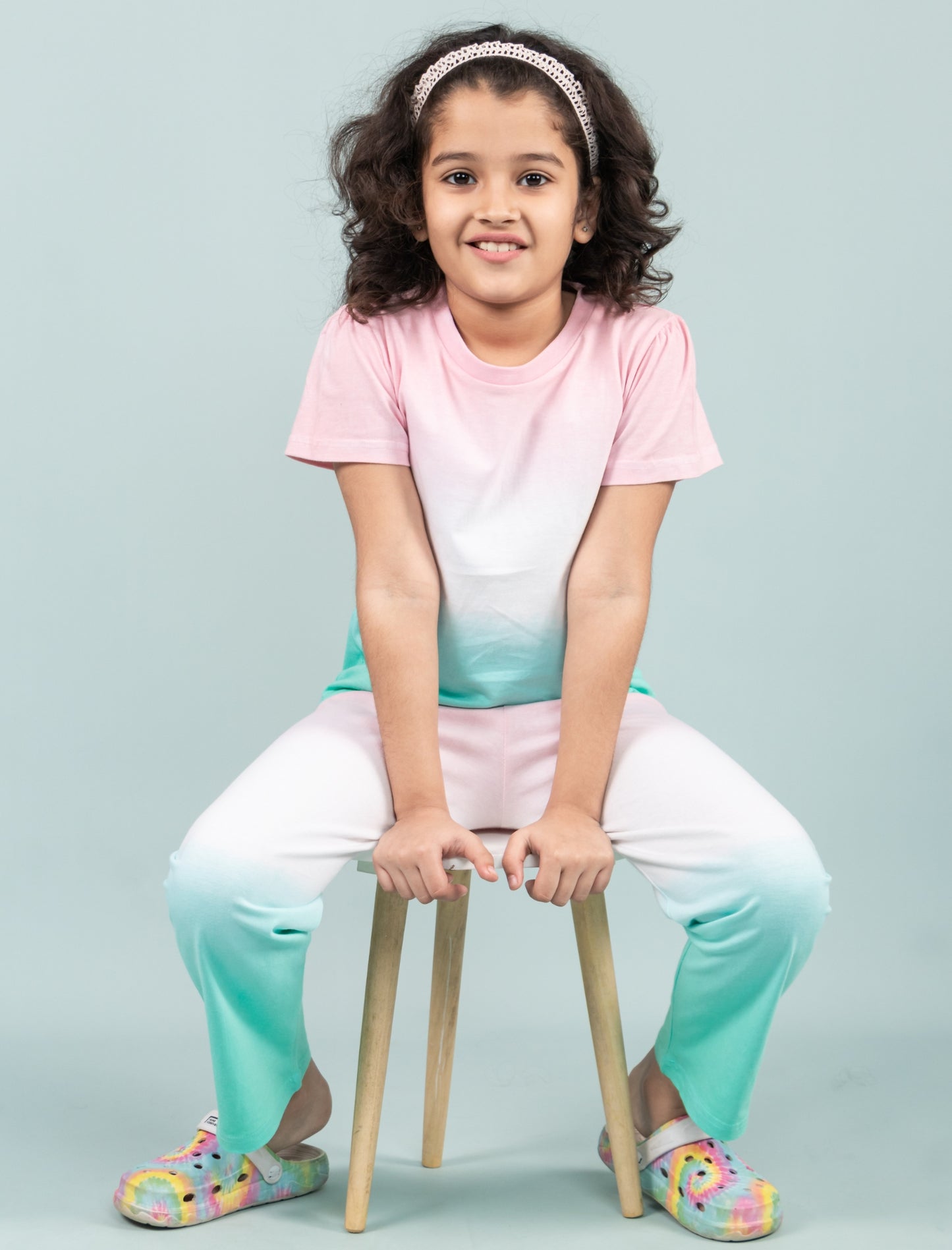 Ombre Style Tie-Dye Nightsuit for Girls Kids (Pink-Green) - Tweeny Mini