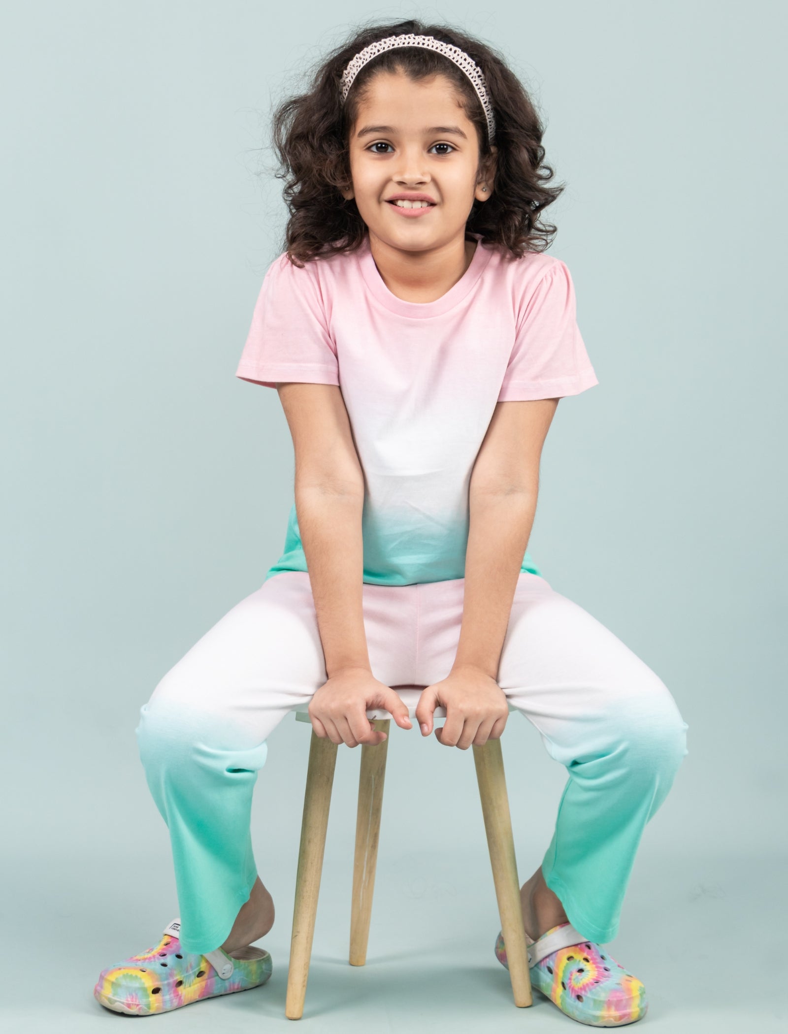 Ombre Style Tie-Dye Nightsuit for Girls Kids (Pink-Green) - Tweeny Mini