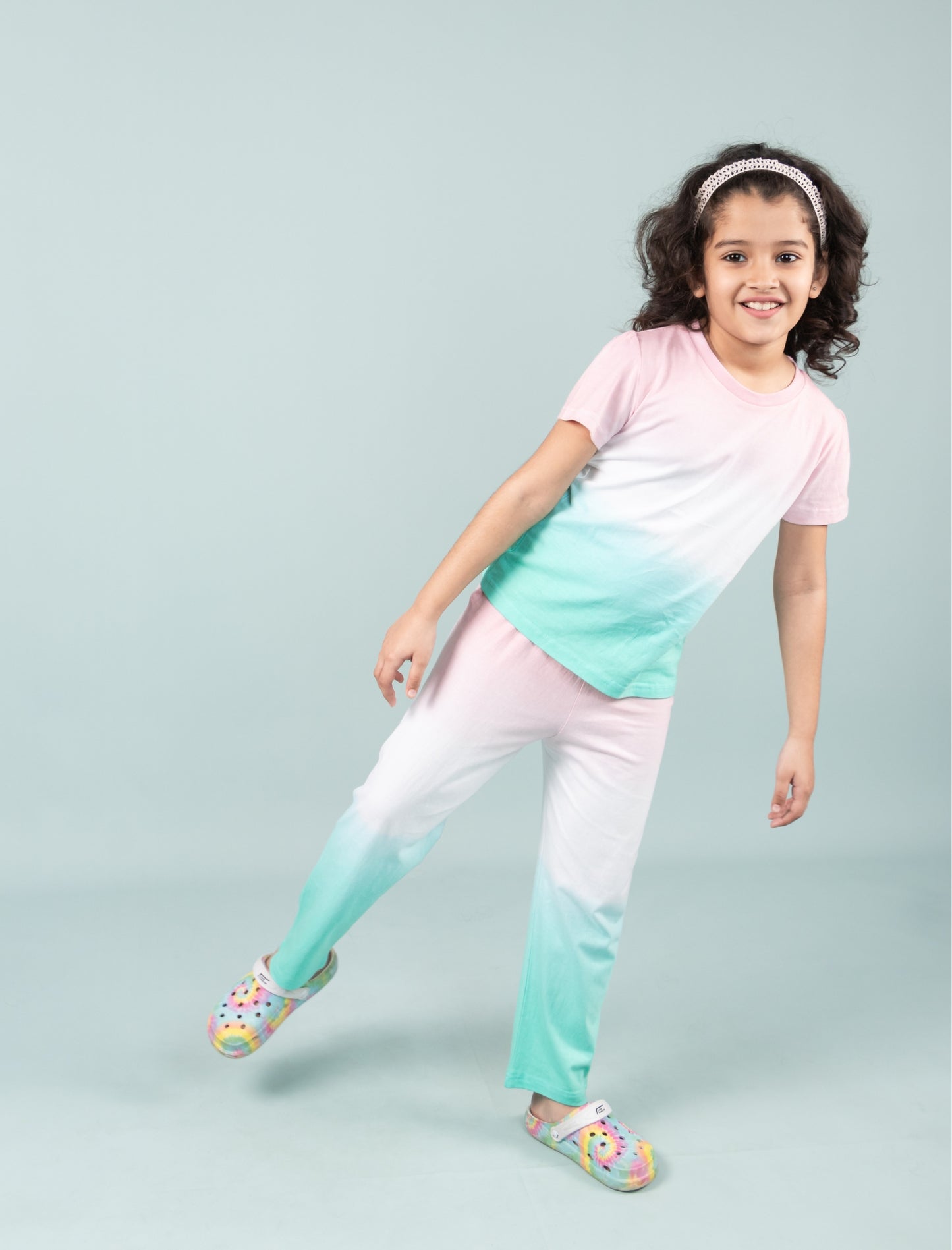 Ombre Style Tie-Dye Nightsuit for Girls Kids (Pink-Green) - Tweeny Mini