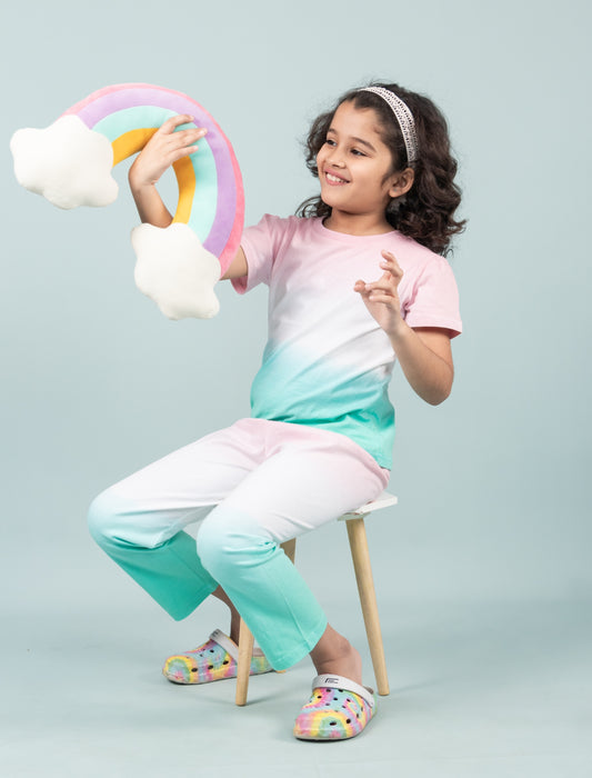Ombre Style Tie-Dye Nightsuit for Girls Kids (Pink-Green) - Tweeny Mini