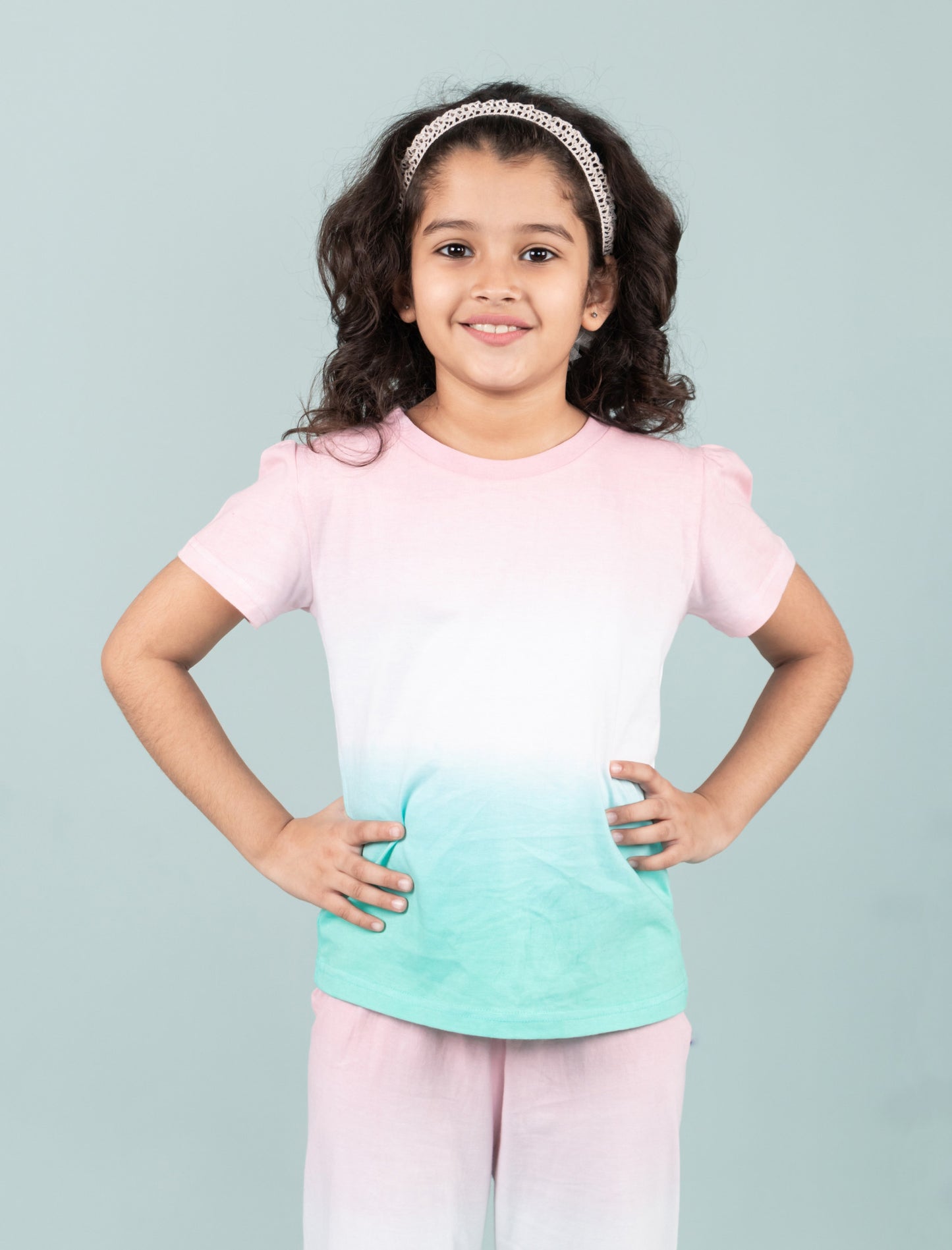 Ombre Style Tie-Dye Nightsuit for Girls Kids (Pink-Green) - Tweeny Mini