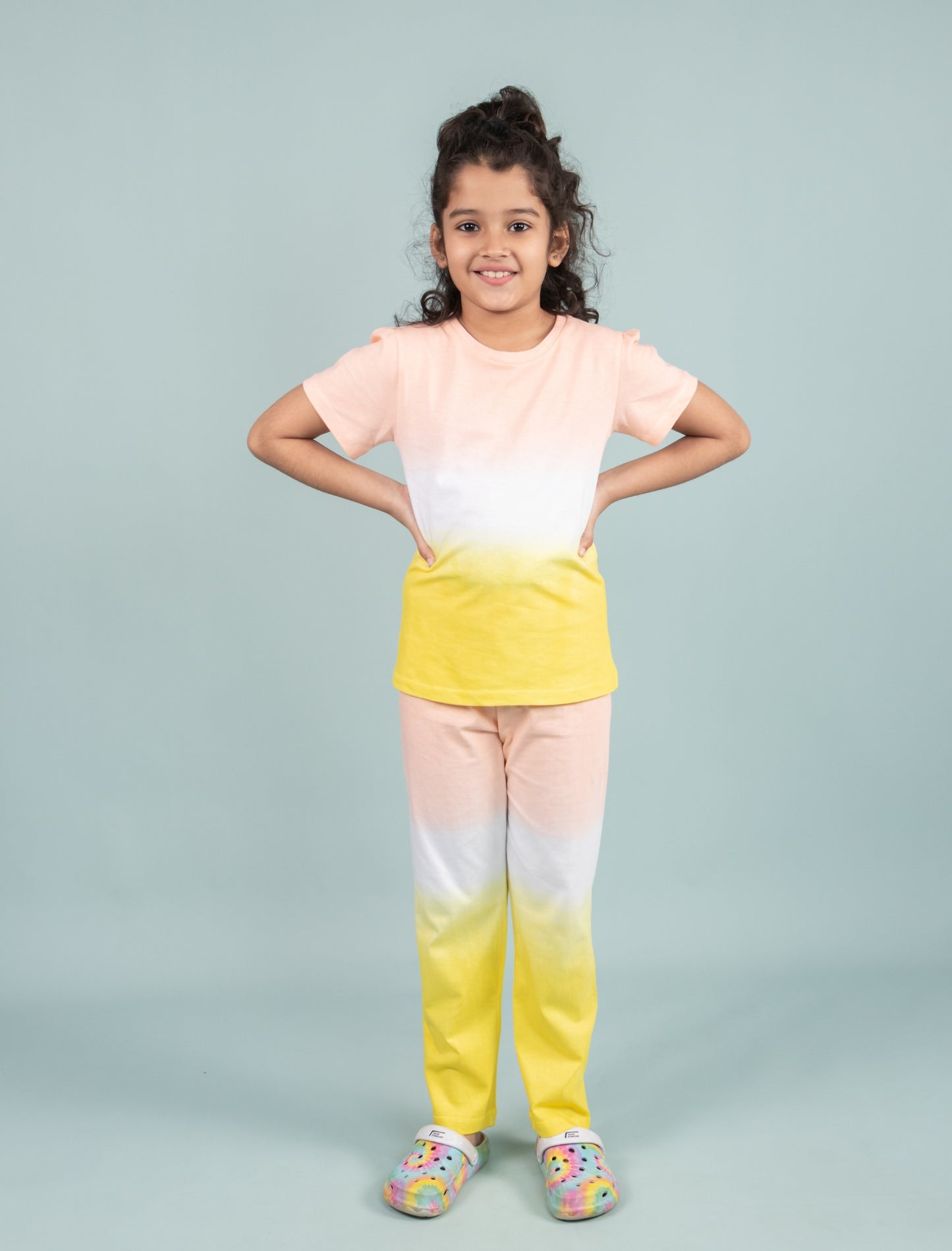 Ombre Tie-Dye Girls Nightsuit for Kids Girls with Pyjama Set (Yellow Peach) - Tweeny Mini