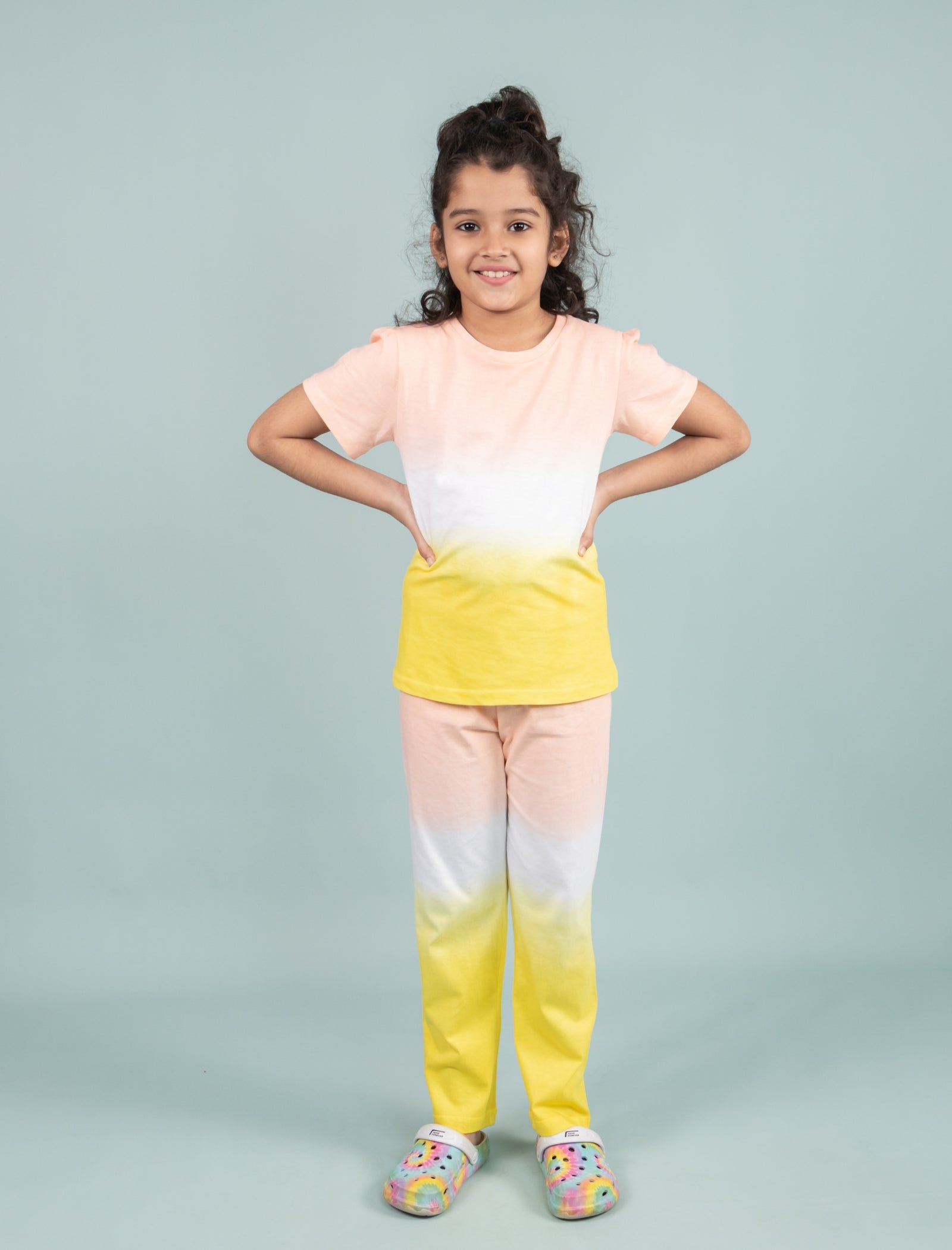 Ombre Tie-Dye Girls Nightsuit for Kids Girls with Pyjama Set (Yellow Peach) - Tweeny Mini