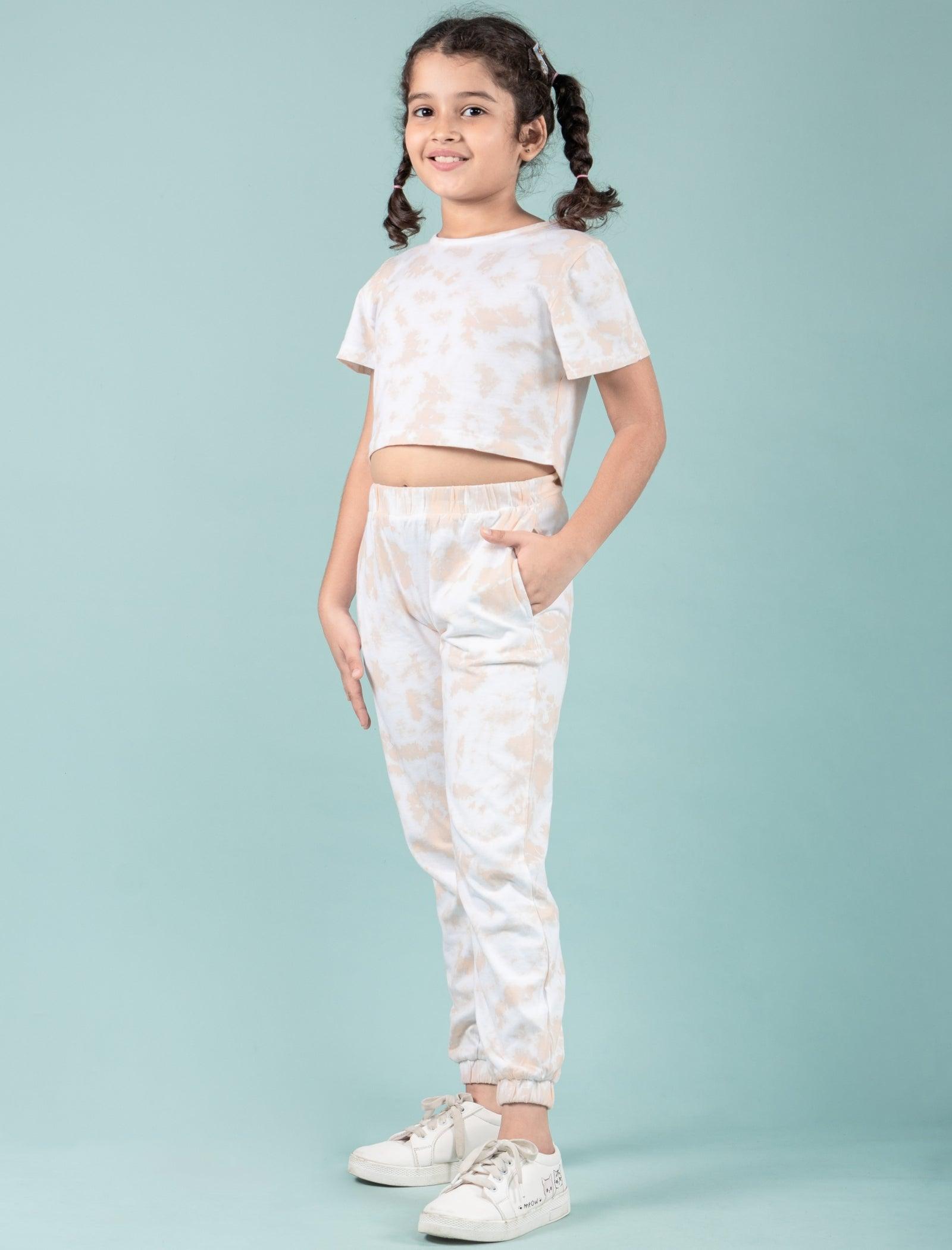 Pure Cotton Tie-Dye Joggers Girls Kids Co-ord Set (Beige) - Tweeny Mini