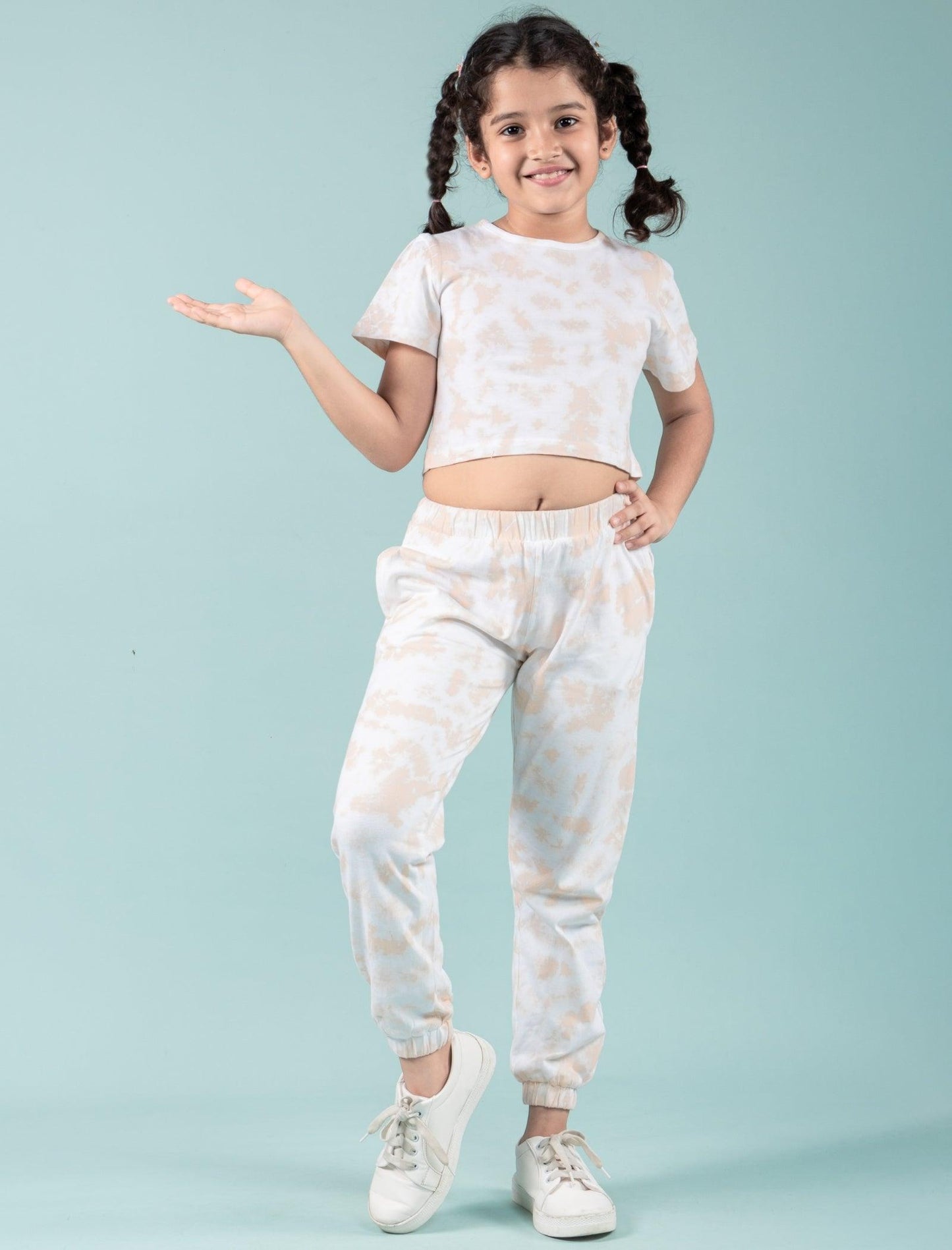 Pure Cotton Tie-Dye Joggers Girls Kids Co-ord Set (Beige) - Tweeny Mini
