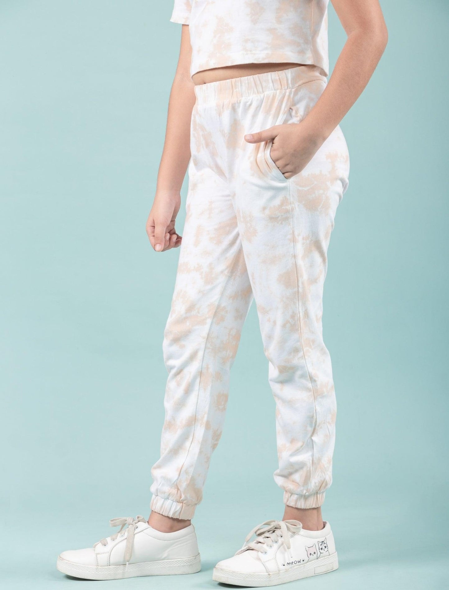 Pure Cotton Tie-Dye Joggers Girls Kids Co-ord Set (Beige) - Tweeny Mini