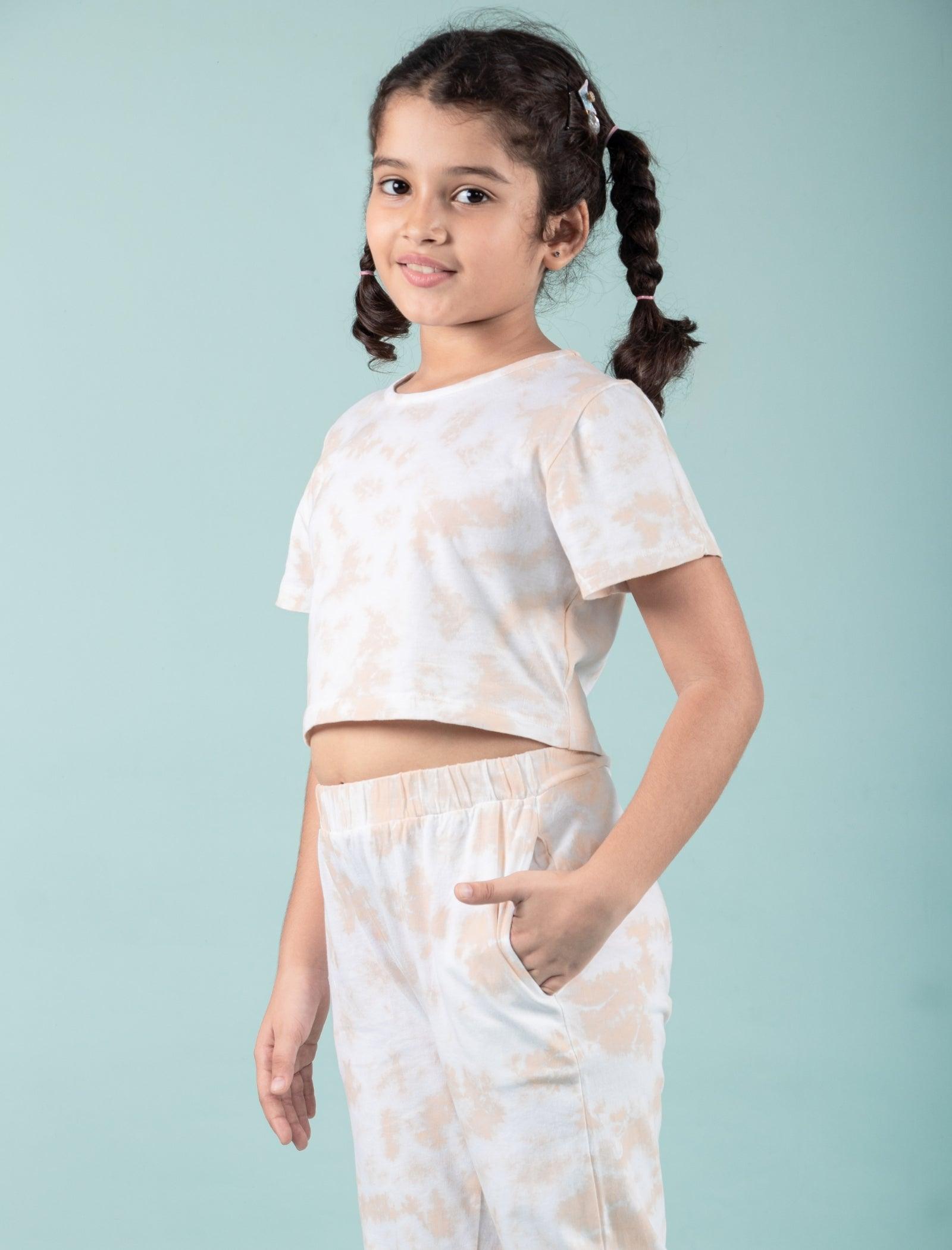 Pure Cotton Tie-Dye Joggers Girls Kids Co-ord Set (Beige) - Tweeny Mini