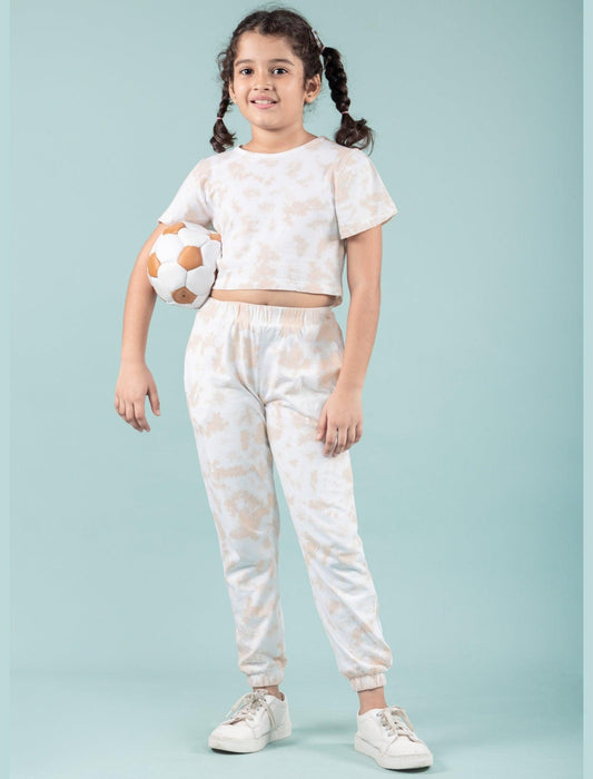 Pure Cotton Tie-Dye Joggers Girls Kids Co-ord Set (Beige) - Tweeny Mini