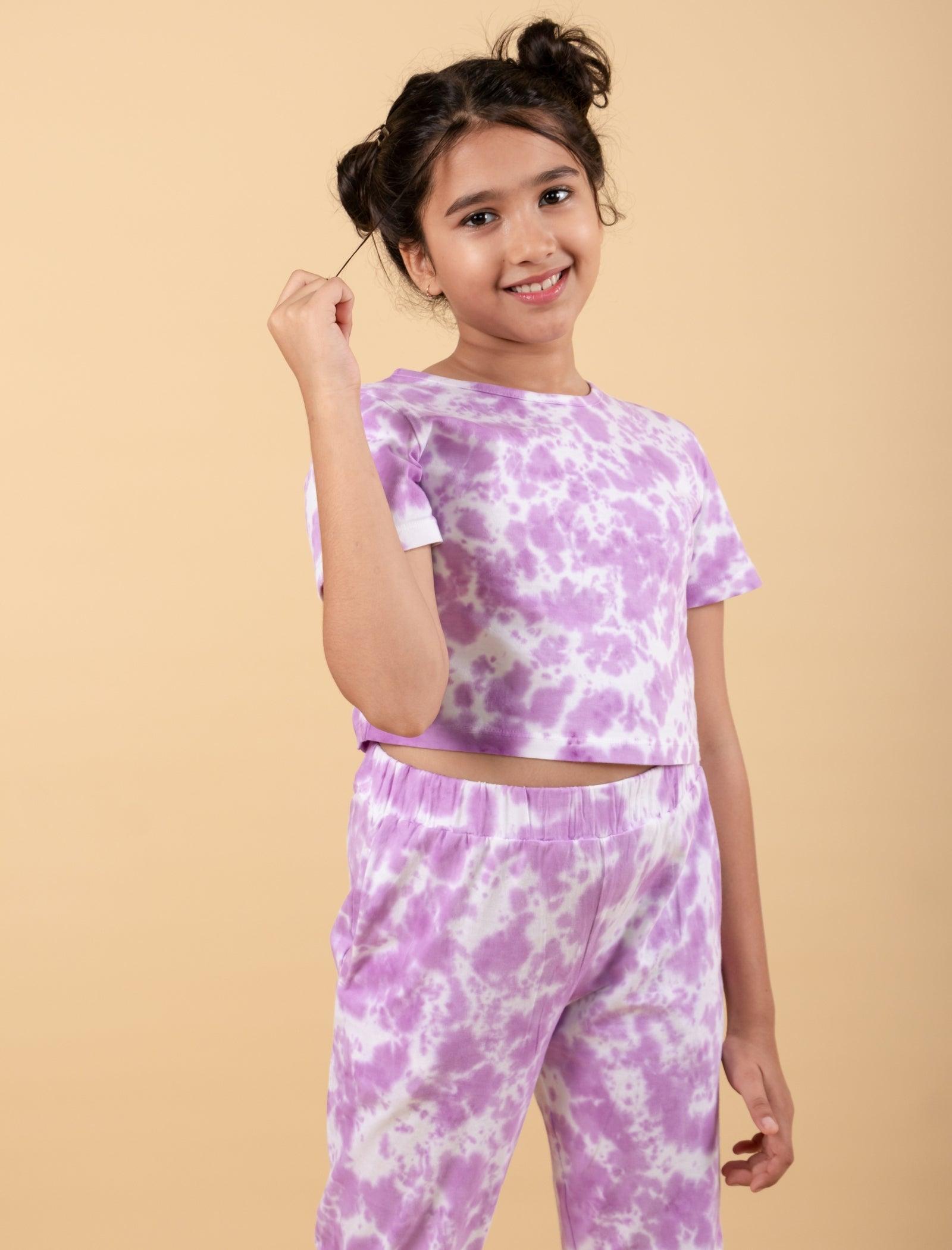 Trendy Summer Tie-Dye Joggers Kids Girls with Crop Top (Lavender) - Tweeny Mini