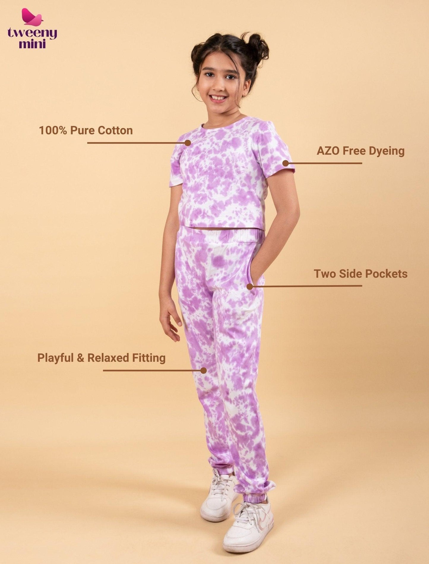 Trendy Summer Tie-Dye Joggers Kids Girls with Crop Top (Lavender) - Tweeny Mini