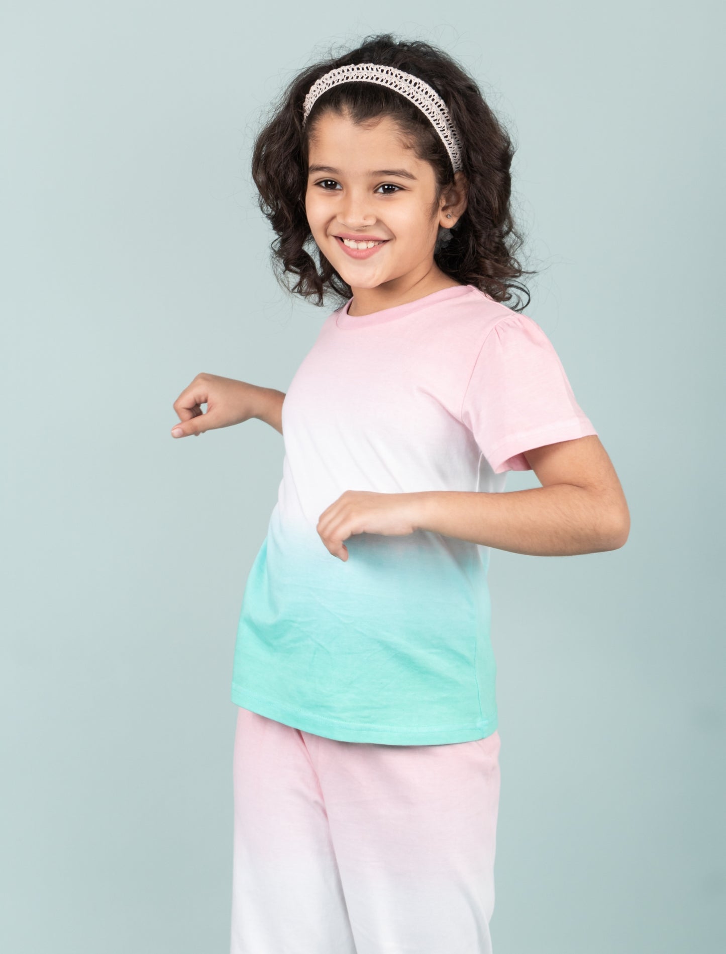 Ombre Style Tie-Dye Nightsuit for Girls Kids (Pink-Green) - Tweeny Mini