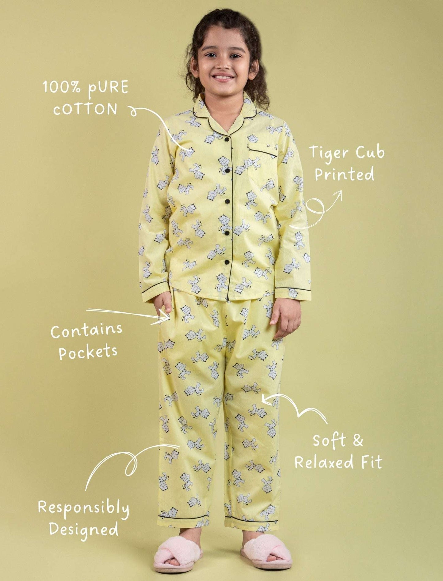 Tiger Cub Printed Nightwear For Girls Kids (Yellow) - Tweeny Mini