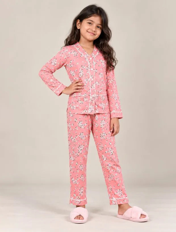 Pure Rayon Floral Full Sleeve Night Suit for Girls Kids (Peach)