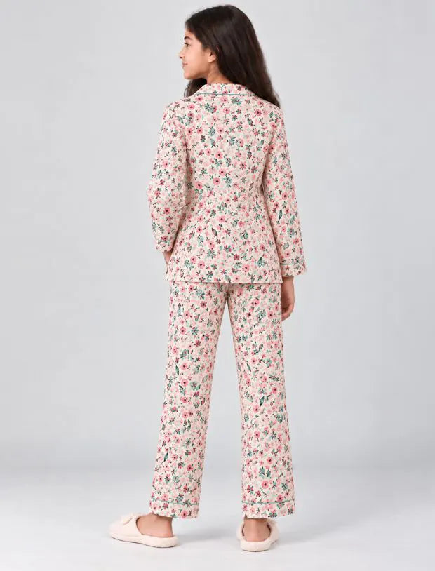 Pure Rayon Floral Night Suit for Girls Kids with Pyjama Set (Full Sleeves, Beige)