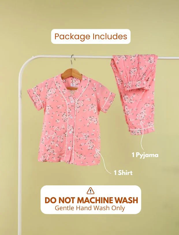 Summer Floral Girls Night Suit for Kids (Half Sleeve, Peach)
