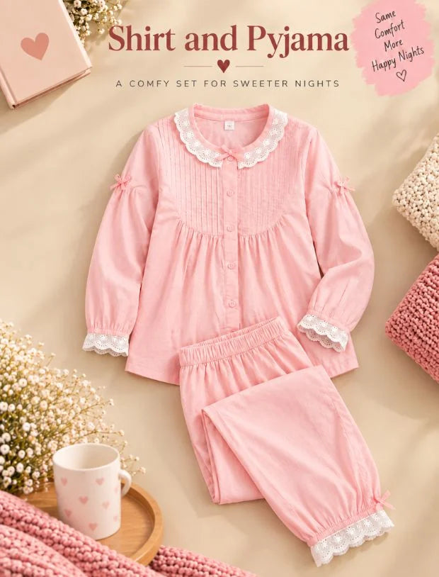 Fairy Floss Nightsuit For Kids Girls With Inner Camisole (Baby Pink)