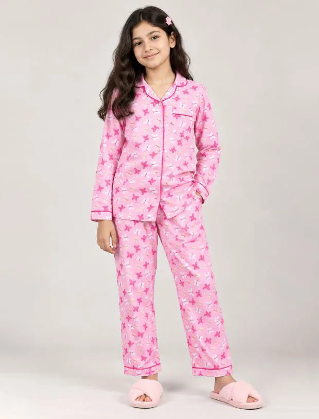Pure Rayon Butterfly Nightsuit for Girls Kids (Full Sleeves, Pink)