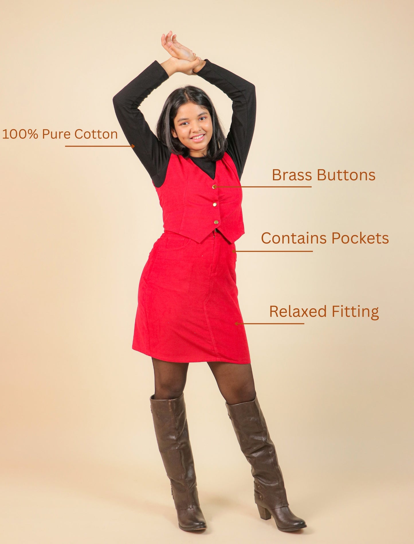 Girls wearing a red dress with text highlighting features on a beige background