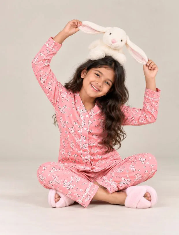 Pure Rayon Floral Full Sleeve Night Suit for Girls Kids (Peach)