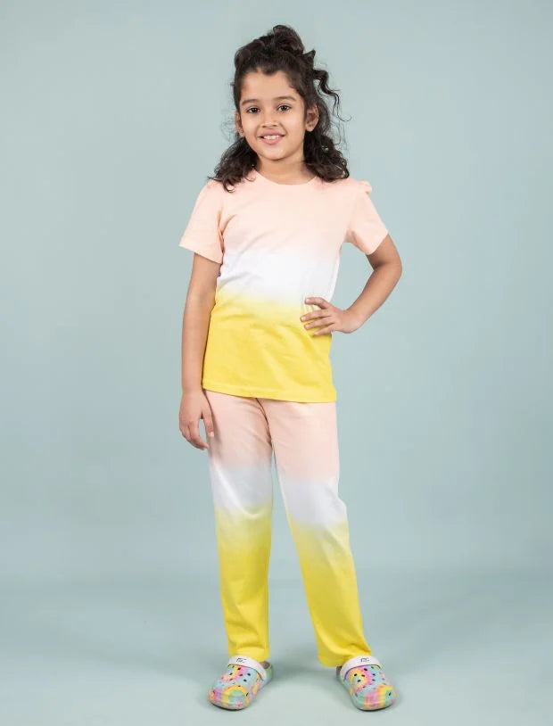 Ombre Tie-Dye Girls Nightsuit for Kids Girls with Pyjama Set  (Yellow Peach)
