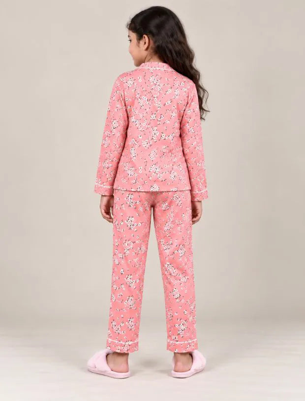 Pure Rayon Floral Full Sleeve Night Suit for Girls Kids (Peach)