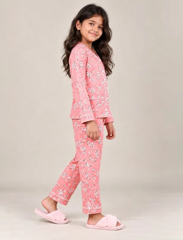 Pure Rayon Floral Full Sleeve Night Suit for Girls Kids (Peach)
