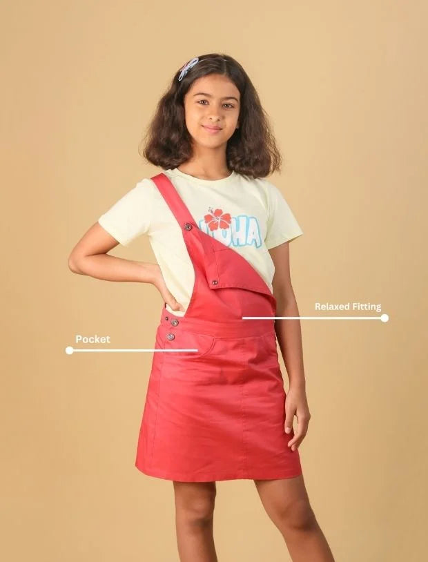 Premium Twill Cotton Pinafore Dress for Girls (Melon Red)