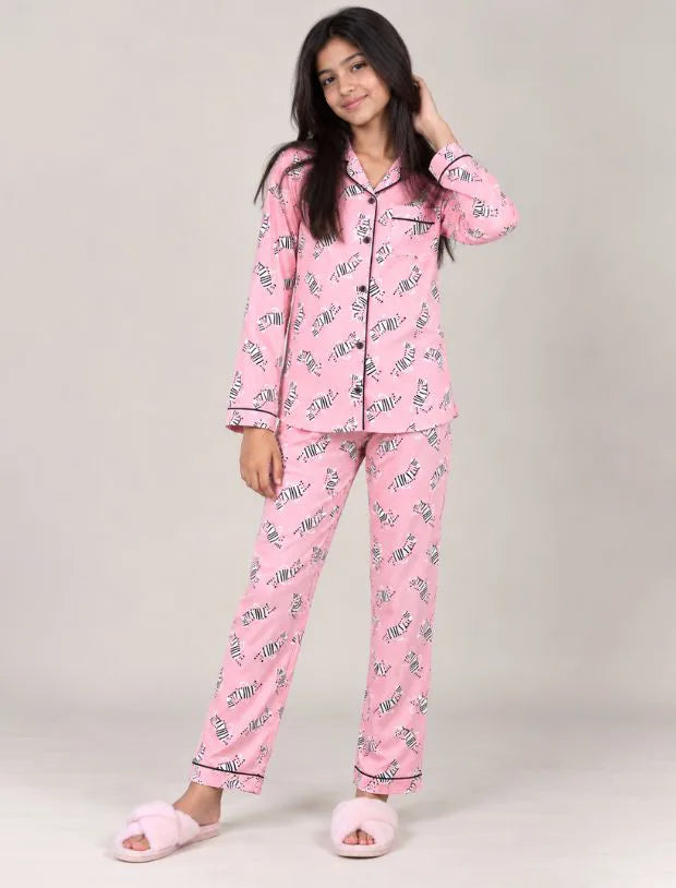 Dancing Zebra Printed Best Sleepwear for Girls Kids Pyjama Set (Full Sleeves, Pink)
