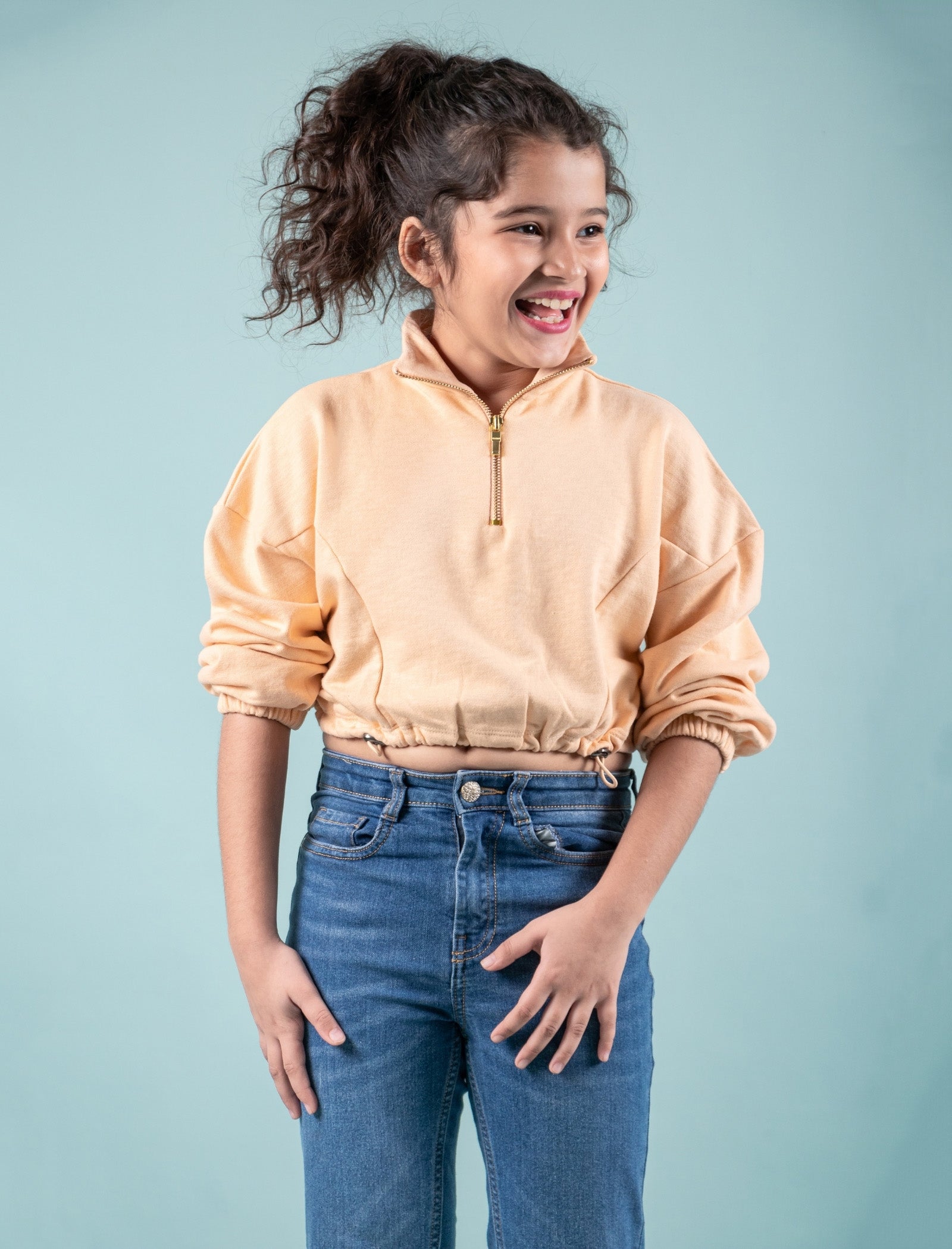 Premium Terry Cotton Zippered Sweatshirt for Girls Kids (Peach) - Tweeny Mini