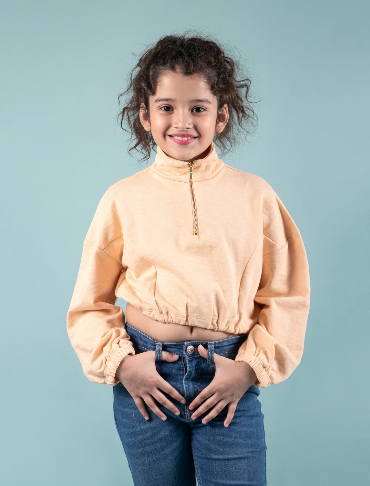 Premium Terry Cotton Zippered Sweatshirt for Girls Kids (Peach) - Tweeny Mini