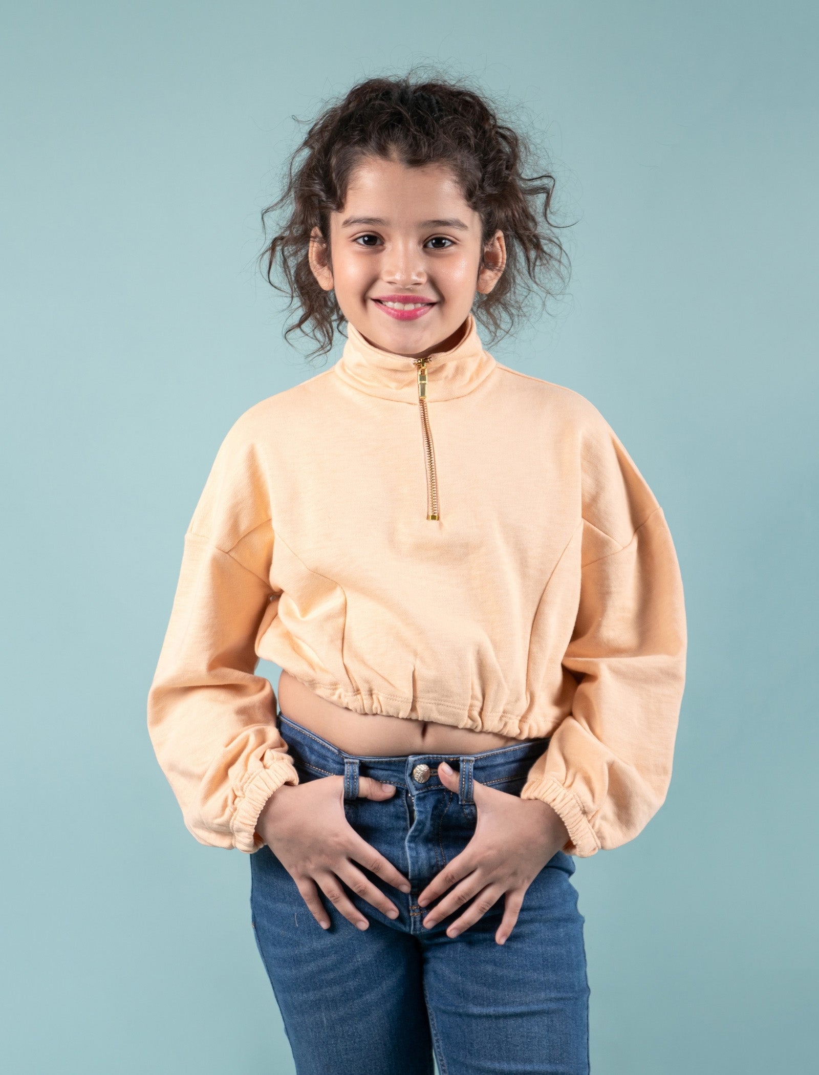 Premium Terry Cotton Zippered Sweatshirt for Girls Kids (Peach) - Tweeny Mini