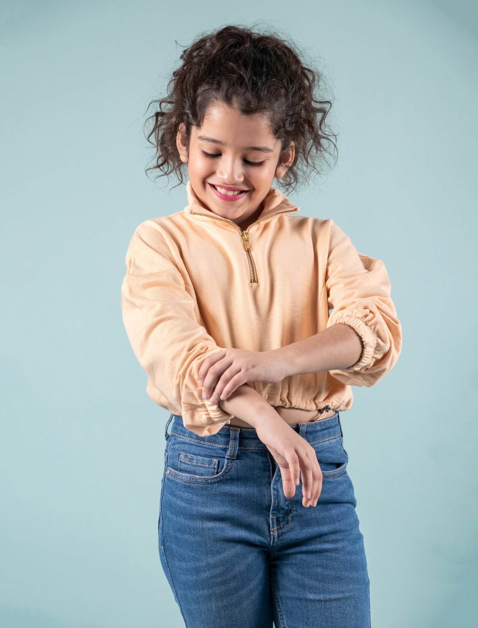 Premium Terry Cotton Zippered Sweatshirt for Girls Kids (Peach) - Tweeny Mini