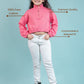 Zippered sweatshirt for kids wearing a pink jacket and white pants with text on a light blue background