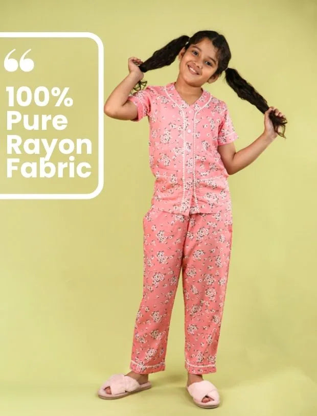 Summer Floral Girls Night Suit for Kids (Half Sleeve, Peach)