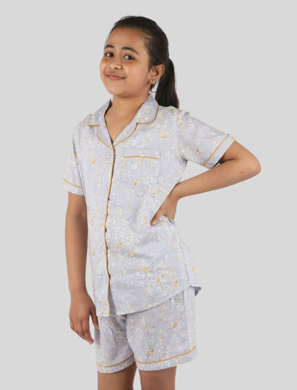 Girls Kids Floral Print Half Sleeve Pure Rayon Night Suit (Light Blue)
