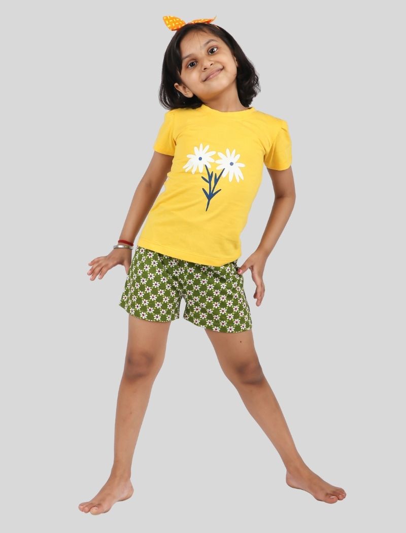 Summer Pure Cotton Yellow T-Shirt and Green Shorts Combo Set. (Half-Sleeves)