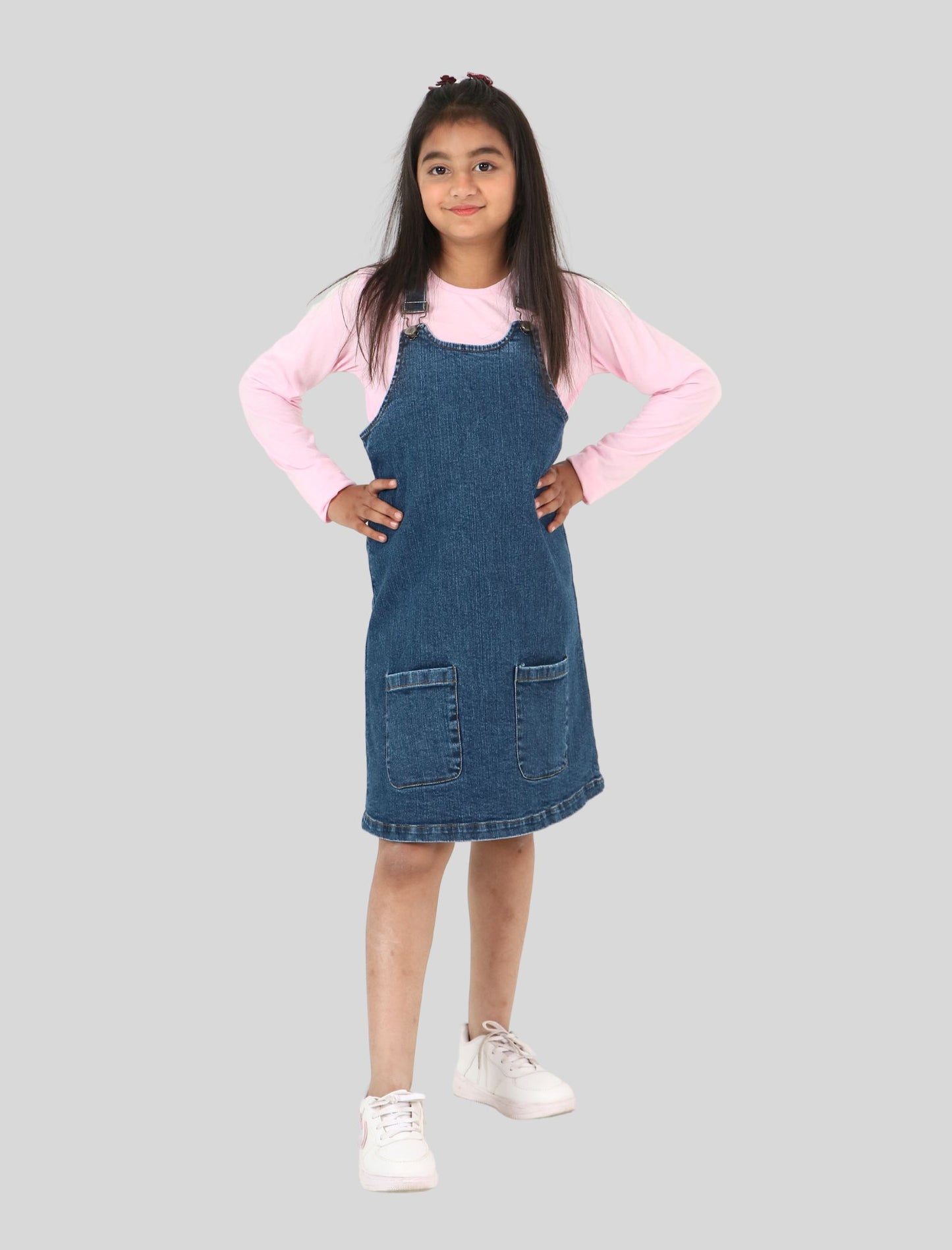 Girls Kids Denim Pinafore Dress (Blue)
