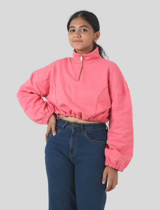 Girls Kids Zippered Relaxed Winter Sweatshirt (Raspberry Pink)
