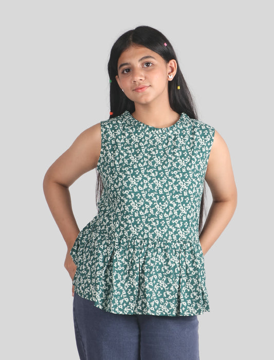 Girls Pure Rayon Floral Summer Top Short Sleeve (Green)