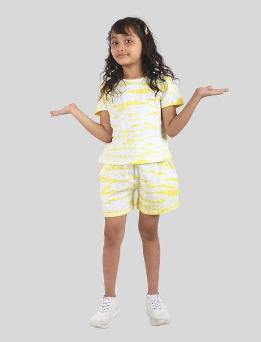 Girls Kids Cotton Tie-Dye T-shirt and Shorts Loungewear Co-ordinate Set (Yellow)
