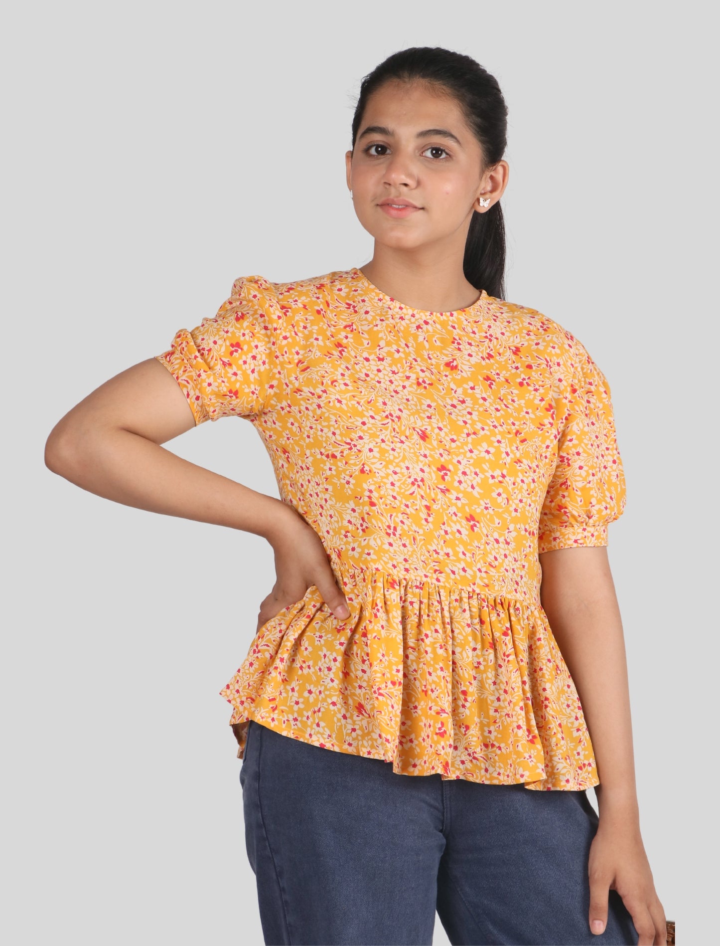 Girls Pure Rayon Floral Print Summer Top (Half Sleeve, Yellow)