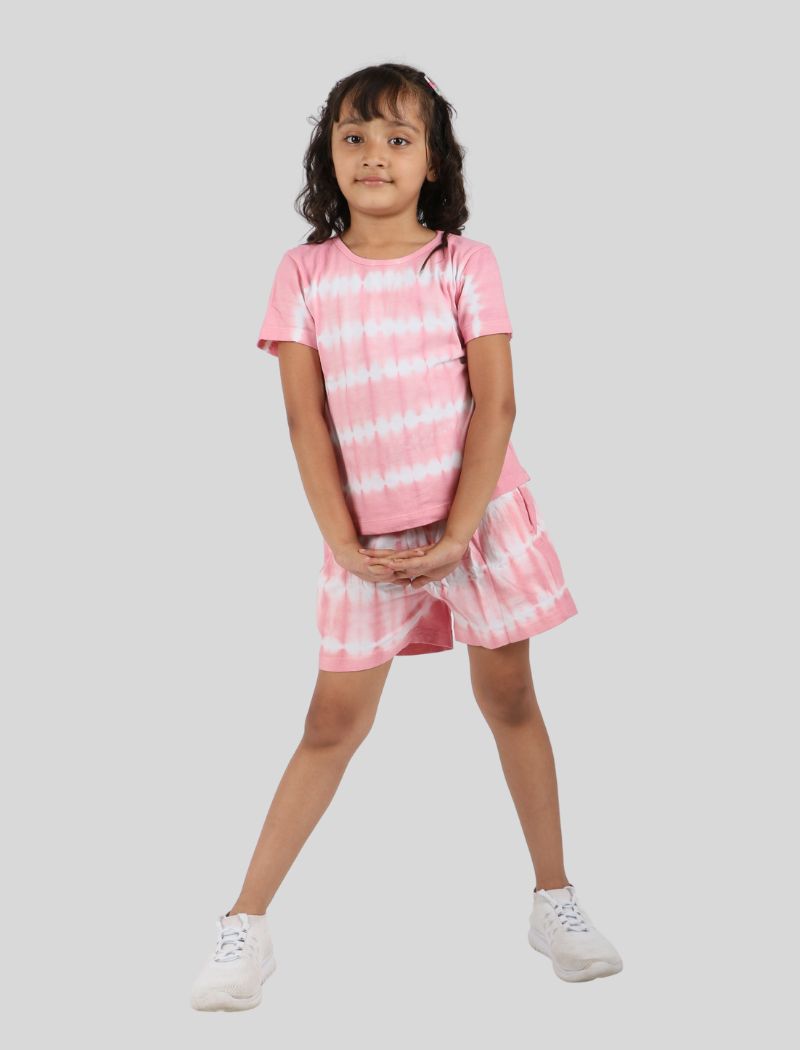 Girls Kids Cotton Co-ord Set Tie-Dyed T-shirt and Shorts Loungewear for Summer (Pink)