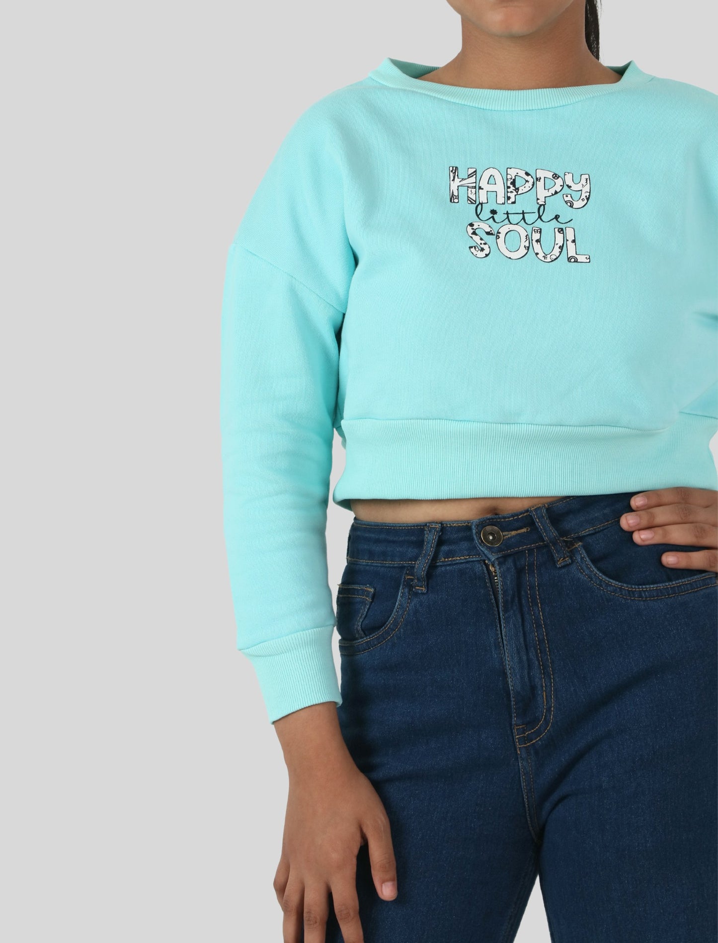 Girls Kids Full Sleeve Cropped Printed Winter Sweatshirt (Aqua Blue)